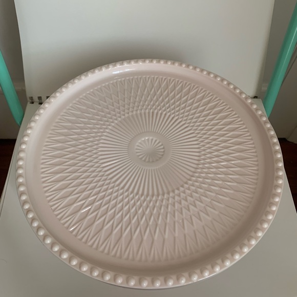 Vintage Jeanette Pale Pink Milk Glass Beaded 10” Cake Stand Pedestal - Picture 3 of 5